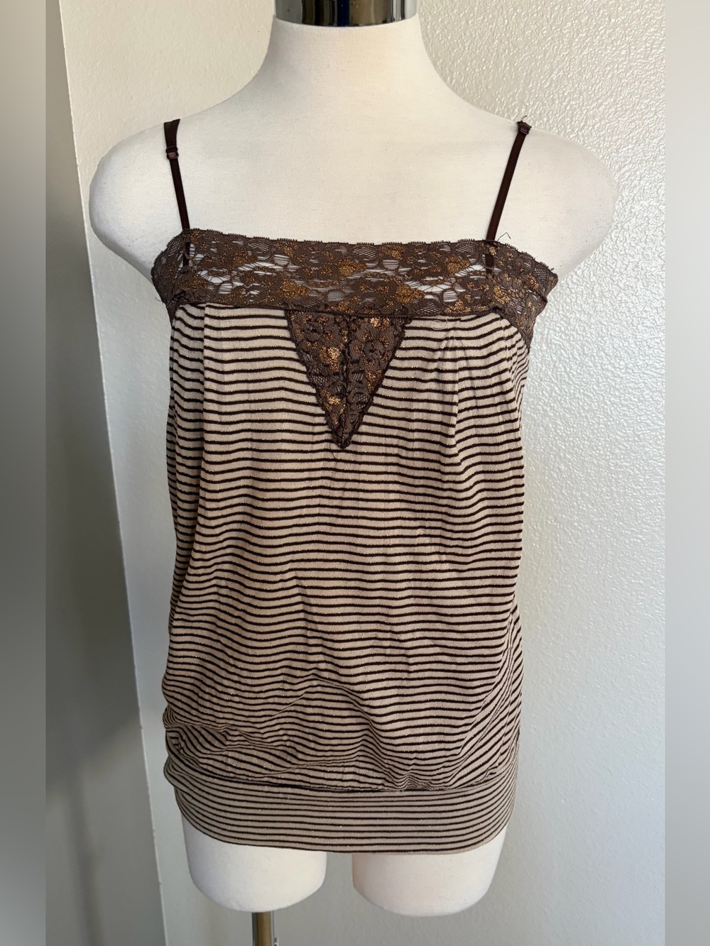 Vintage Papaya Brown and Cream Striped Lace-Trim Cami Top